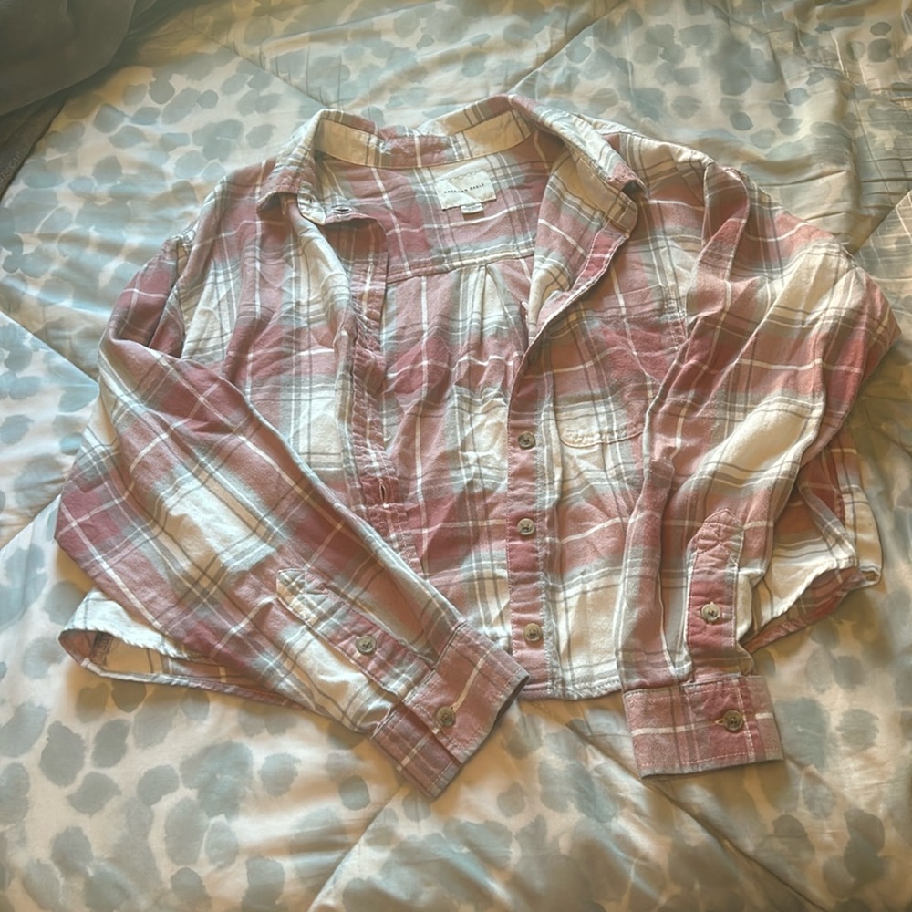 cropped flannel with white, red, and grey.